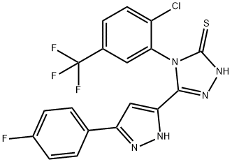 4-[2-chloro-5-(trifluoromethyl)phenyl]-3-[3-(4-fluorophenyl)-1H-pyrazol-5-yl]-1H-1,2,4-triazole-5-thione,955874-79-0,结构式