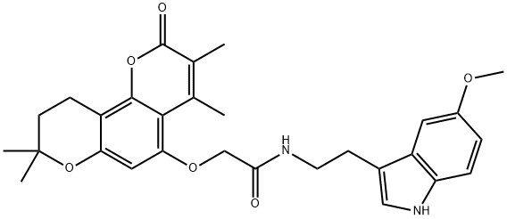 N-[2-(5-methoxy-1H-indol-3-yl)ethyl]-2-[(3,4,8,8-tetramethyl-2-oxo-9,10-dihydropyrano[2,3-h]chromen-5-yl)oxy]acetamide 化学構造式