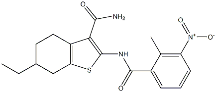 6-ethyl-2-[(2-methyl-3-nitrobenzoyl)amino]-4,5,6,7-tetrahydro-1-benzothiophene-3-carboxamide 化学構造式