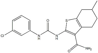 2-[(3-chlorophenyl)carbamoylamino]-6-methyl-4,5,6,7-tetrahydro-1-benzothiophene-3-carboxamide Struktur