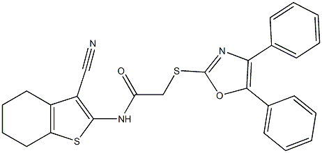 N-(3-cyano-4,5,6,7-tetrahydro-1-benzothiophen-2-yl)-2-[(4,5-diphenyl-1,3-oxazol-2-yl)sulfanyl]acetamide 化学構造式