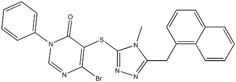 6-bromo-5-[[4-methyl-5-(naphthalen-1-ylmethyl)-1,2,4-triazol-3-yl]sulfanyl]-3-phenylpyrimidin-4-one,,结构式