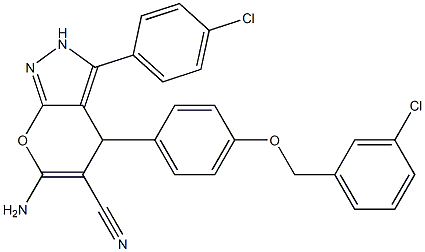 6-amino-3-(4-chlorophenyl)-4-[4-[(3-chlorophenyl)methoxy]phenyl]-2,4-dihydropyrano[2,3-c]pyrazole-5-carbonitrile Struktur