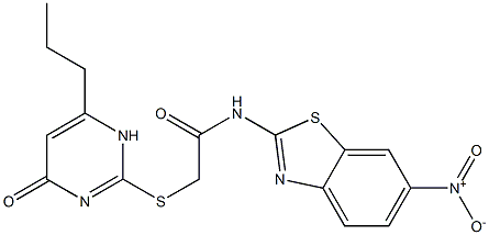 N-(6-nitro-1,3-benzothiazol-2-yl)-2-[(4-oxo-6-propyl-1H-pyrimidin-2-yl)sulfanyl]acetamide 化学構造式