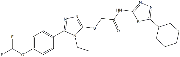 N-(5-cyclohexyl-1,3,4-thiadiazol-2-yl)-2-[[5-[4-(difluoromethoxy)phenyl]-4-ethyl-1,2,4-triazol-3-yl]sulfanyl]acetamide Struktur