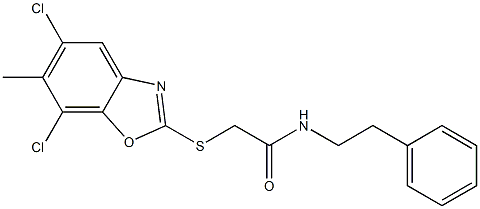 2-[(5,7-dichloro-6-methyl-1,3-benzoxazol-2-yl)sulfanyl]-N-(2-phenylethyl)acetamide 化学構造式