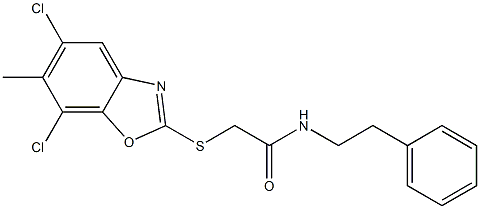 2-[(5,7-dichloro-6-methyl-1,3-benzoxazol-2-yl)sulfanyl]-N-(2-phenylethyl)acetamide 结构式