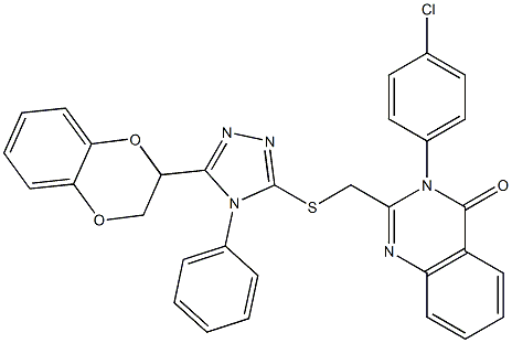 3-(4-chlorophenyl)-2-[[5-(2,3-dihydro-1,4-benzodioxin-3-yl)-4-phenyl-1,2,4-triazol-3-yl]sulfanylmethyl]quinazolin-4-one 化学構造式
