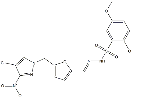 N-[(E)-[5-[(4-chloro-3-nitropyrazol-1-yl)methyl]furan-2-yl]methylideneamino]-2,5-dimethoxybenzenesulfonamide Structure