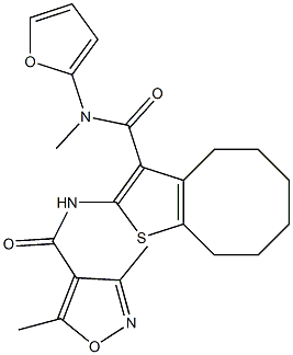 N-[3-(furan-2-ylmethylcarbamoyl)-4,5,6,7,8,9-hexahydrocycloocta[b]thiophen-2-yl]-3,5-dimethyl-1,2-oxazole-4-carboxamide 化学構造式