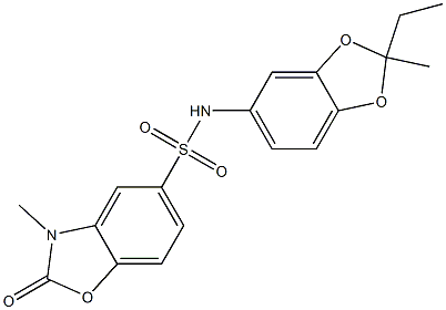 N-(2-ethyl-2-methyl-1,3-benzodioxol-5-yl)-3-methyl-2-oxo-1,3-benzoxazole-5-sulfonamide 化学構造式