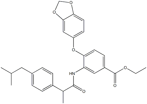 ethyl 4-(1,3-benzodioxol-5-yloxy)-3-[2-[4-(2-methylpropyl)phenyl]propanoylamino]benzoate Structure