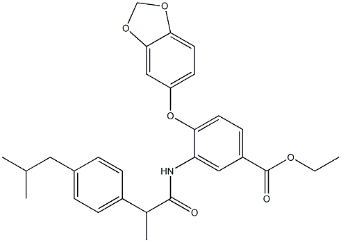 ethyl 4-(1,3-benzodioxol-5-yloxy)-3-[2-[4-(2-methylpropyl)phenyl]propanoylamino]benzoate 化学構造式