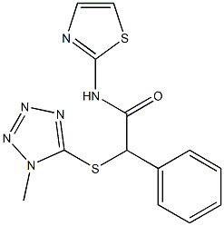 2-(1-methyltetrazol-5-yl)sulfanyl-2-phenyl-N-(1,3-thiazol-2-yl)acetamide,,结构式