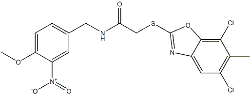 2-[(5,7-dichloro-6-methyl-1,3-benzoxazol-2-yl)sulfanyl]-N-[(4-methoxy-3-nitrophenyl)methyl]acetamide,,结构式