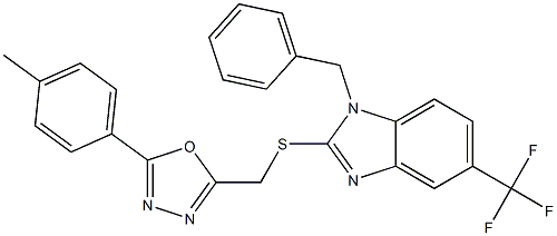 2-[[1-benzyl-5-(trifluoromethyl)benzimidazol-2-yl]sulfanylmethyl]-5-(4-methylphenyl)-1,3,4-oxadiazole 化学構造式