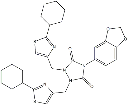 4-(1,3-benzodioxol-5-yl)-1,2-bis[(2-cyclohexyl-1,3-thiazol-4-yl)methyl]-1,2,4-triazolidine-3,5-dione 化学構造式