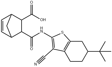 2-[(6-tert-butyl-3-cyano-4,5,6,7-tetrahydro-1-benzothiophen-2-yl)carbamoyl]bicyclo[2.2.1]hept-5-ene-3-carboxylic acid 化学構造式