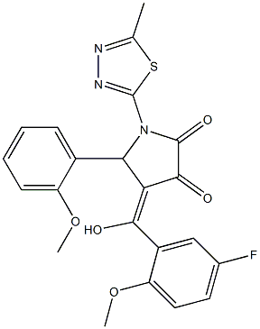 (4E)-4-[(5-fluoro-2-methoxyphenyl)-hydroxymethylidene]-5-(2-methoxyphenyl)-1-(5-methyl-1,3,4-thiadiazol-2-yl)pyrrolidine-2,3-dione,1049139-38-9,结构式
