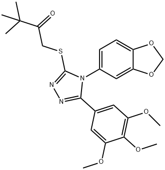 1-[[4-(1,3-benzodioxol-5-yl)-5-(3,4,5-trimethoxyphenyl)-1,2,4-triazol-3-yl]sulfanyl]-3,3-dimethylbutan-2-one Struktur