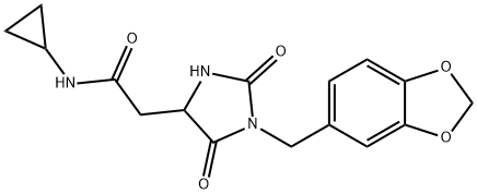 2-[1-(1,3-benzodioxol-5-ylmethyl)-2,5-dioxoimidazolidin-4-yl]-N-cyclopropylacetamide Struktur