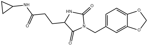 3-[1-(1,3-benzodioxol-5-ylmethyl)-2,5-dioxoimidazolidin-4-yl]-N-cyclopropylpropanamide Struktur