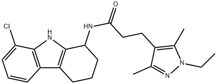 N-(8-chloro-2,3,4,9-tetrahydro-1H-carbazol-1-yl)-3-(1-ethyl-3,5-dimethylpyrazol-4-yl)propanamide 化学構造式