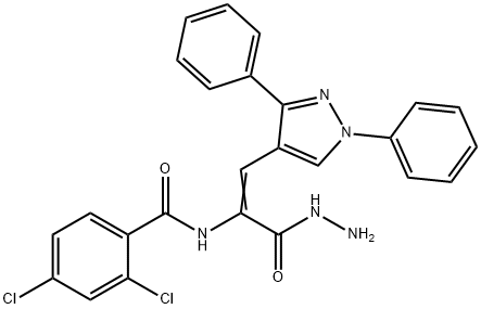 2,4-dichloro-N-[(E)-1-(1,3-diphenylpyrazol-4-yl)-3-hydrazinyl-3-oxoprop-1-en-2-yl]benzamide Struktur