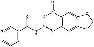 N-[(E)-(6-nitro-1,3-benzodioxol-5-yl)methylideneamino]pyridine-3-carboxamide 化学構造式