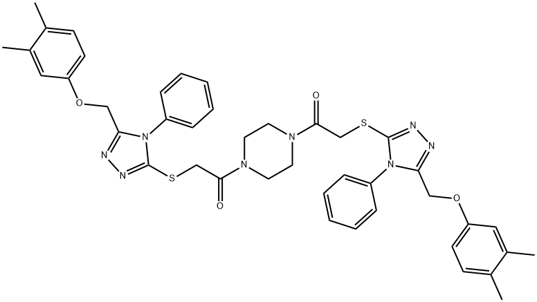 2-[[5-[(3,4-dimethylphenoxy)methyl]-4-phenyl-1,2,4-triazol-3-yl]sulfanyl]-1-[4-[2-[[5-[(3,4-dimethylphenoxy)methyl]-4-phenyl-1,2,4-triazol-3-yl]sulfanyl]acetyl]piperazin-1-yl]ethanone,345987-81-7,结构式