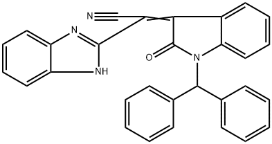 (2Z)-2-(1-benzhydryl-2-oxoindol-3-ylidene)-2-(1H-benzimidazol-2-yl)acetonitrile 化学構造式