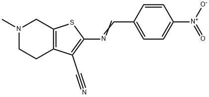 6-methyl-2-[(E)-(4-nitrophenyl)methylideneamino]-5,7-dihydro-4H-thieno[2,3-c]pyridine-3-carbonitrile 化学構造式