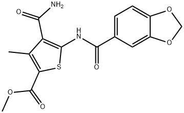 methyl 5-(1,3-benzodioxole-5-carbonylamino)-4-carbamoyl-3-methylthiophene-2-carboxylate Structure