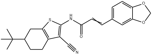 (E)-3-(1,3-benzodioxol-5-yl)-N-(6-tert-butyl-3-cyano-4,5,6,7-tetrahydro-1-benzothiophen-2-yl)prop-2-enamide 化学構造式