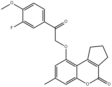 9-[2-(3-fluoro-4-methoxyphenyl)-2-oxoethoxy]-7-methyl-2,3-dihydro-1H-cyclopenta[c]chromen-4-one 化学構造式