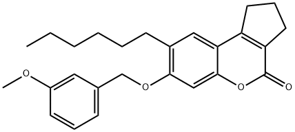 8-hexyl-7-[(3-methoxyphenyl)methoxy]-2,3-dihydro-1H-cyclopenta[c]chromen-4-one Struktur