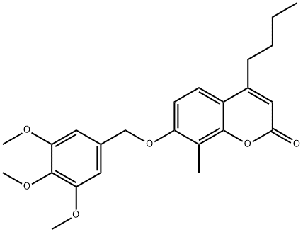 4-butyl-8-methyl-7-[(3,4,5-trimethoxyphenyl)methoxy]chromen-2-one Struktur