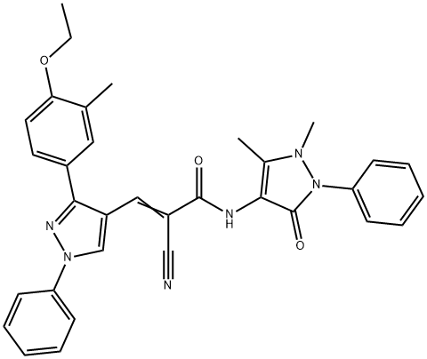 (E)-2-cyano-N-(1,5-dimethyl-3-oxo-2-phenylpyrazol-4-yl)-3-[3-(4-ethoxy-3-methylphenyl)-1-phenylpyrazol-4-yl]prop-2-enamide Struktur