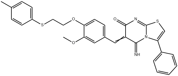 (6E)-5-imino-6-[[3-methoxy-4-[2-(4-methylphenyl)sulfanylethoxy]phenyl]methylidene]-3-phenyl-[1,3]thiazolo[3,2-a]pyrimidin-7-one Struktur