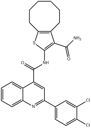 N-(3-carbamoyl-4,5,6,7,8,9-hexahydrocycloocta[b]thiophen-2-yl)-2-(3,4-dichlorophenyl)quinoline-4-carboxamide 化学構造式