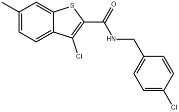 3-chloro-N-[(4-chlorophenyl)methyl]-6-methyl-1-benzothiophene-2-carboxamide 化学構造式