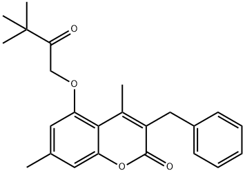 3-benzyl-5-(3,3-dimethyl-2-oxobutoxy)-4,7-dimethylchromen-2-one Struktur