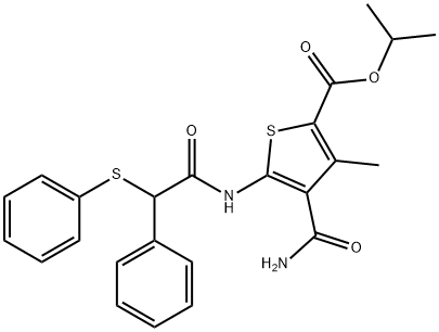 propan-2-yl 4-carbamoyl-3-methyl-5-[(2-phenyl-2-phenylsulfanylacetyl)amino]thiophene-2-carboxylate Structure