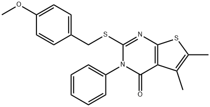 2-[(4-methoxyphenyl)methylsulfanyl]-5,6-dimethyl-3-phenylthieno[2,3-d]pyrimidin-4-one 化学構造式