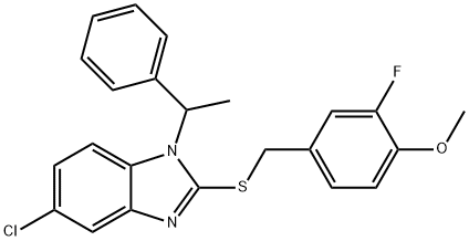 5-chloro-2-[(3-fluoro-4-methoxyphenyl)methylsulfanyl]-1-(1-phenylethyl)benzimidazole Struktur