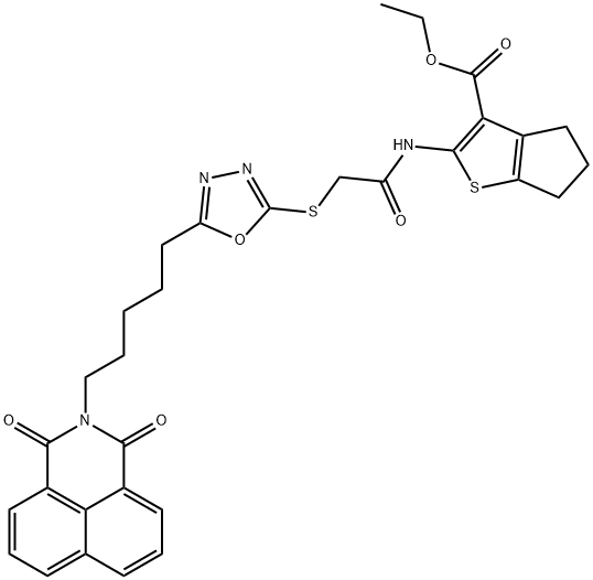 ethyl 2-[[2-[[5-[5-(1,3-dioxobenzo[de]isoquinolin-2-yl)pentyl]-1,3,4-oxadiazol-2-yl]sulfanyl]acetyl]amino]-5,6-dihydro-4H-cyclopenta[b]thiophene-3-carboxylate Struktur