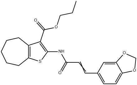 propyl 2-[[(E)-3-(1,3-benzodioxol-5-yl)prop-2-enoyl]amino]-5,6,7,8-tetrahydro-4H-cyclohepta[b]thiophene-3-carboxylate Structure