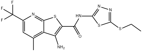 3-amino-N-(5-ethylsulfanyl-1,3,4-thiadiazol-2-yl)-4-methyl-6-(trifluoromethyl)thieno[2,3-b]pyridine-2-carboxamide Struktur