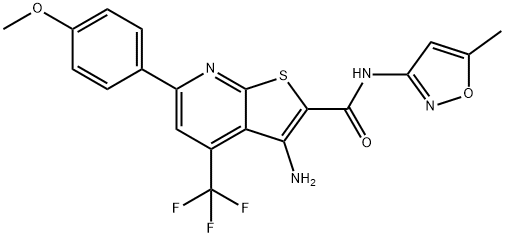 3-amino-6-(4-methoxyphenyl)-N-(5-methyl-1,2-oxazol-3-yl)-4-(trifluoromethyl)thieno[2,3-b]pyridine-2-carboxamide Struktur