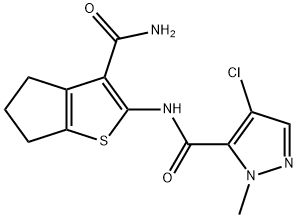 N-(3-carbamoyl-5,6-dihydro-4H-cyclopenta[b]thiophen-2-yl)-4-chloro-2-methylpyrazole-3-carboxamide 化学構造式